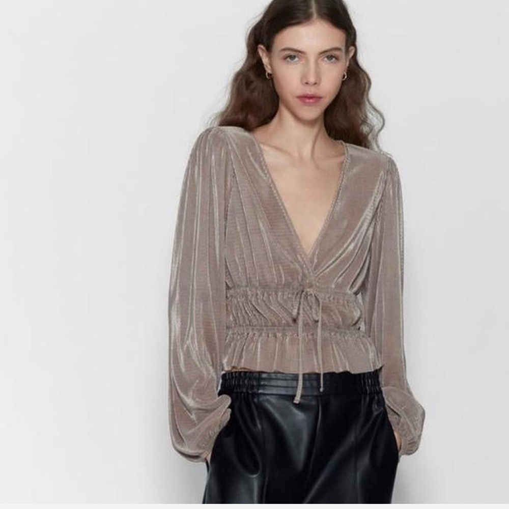 Zara Pleated V Neck Long Sleeve
Ribbed Metallic Taupe Top, Size S